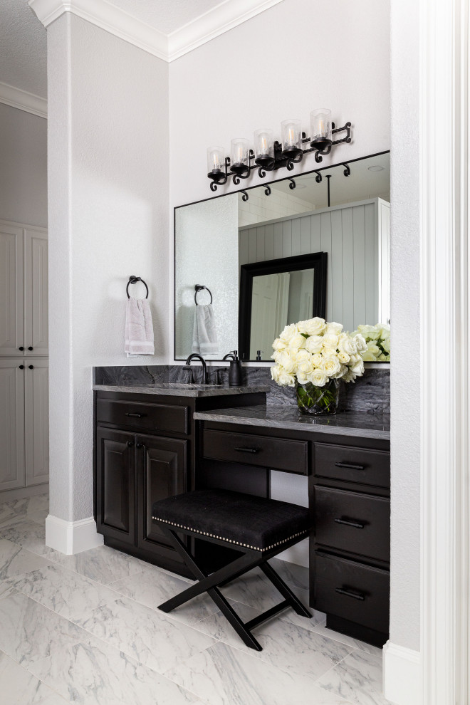 Photo of a large transitional master bathroom in Dallas with raised-panel cabinets, black cabinets, a freestanding tub, a double shower, a two-piece toilet, yellow tile, mosaic tile, grey walls, porcelain floors, an undermount sink, quartzite benchtops, grey floor, an open shower, grey benchtops, a niche, a double vanity, a built-in vanity and planked wall panelling.