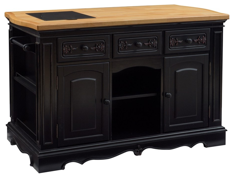 Linon Pennfield 3-Shelf Wood Kitchen Island with Granite Top in Black/Natural