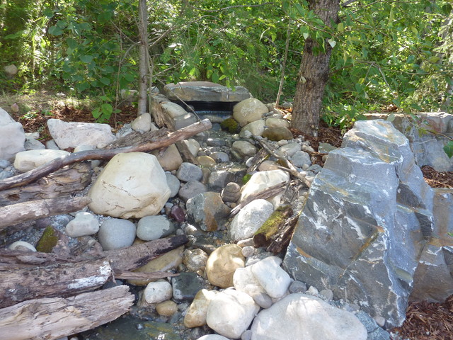 Front Fire Pit Back Water Feature rustikt-have