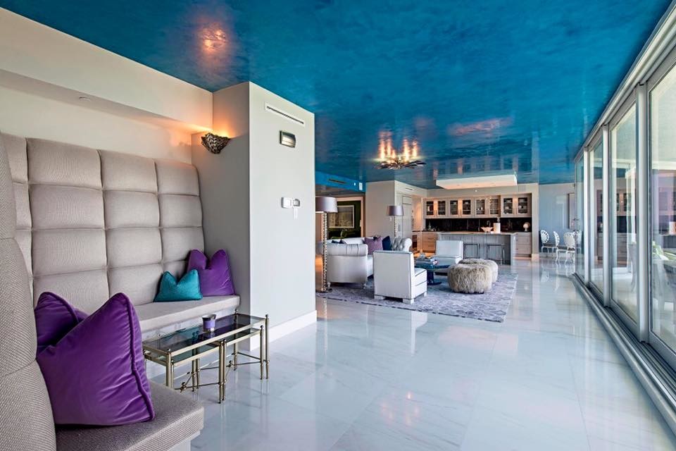 Inspiration for a mid-sized contemporary formal open concept living room in Miami with grey walls, porcelain floors and white floor.