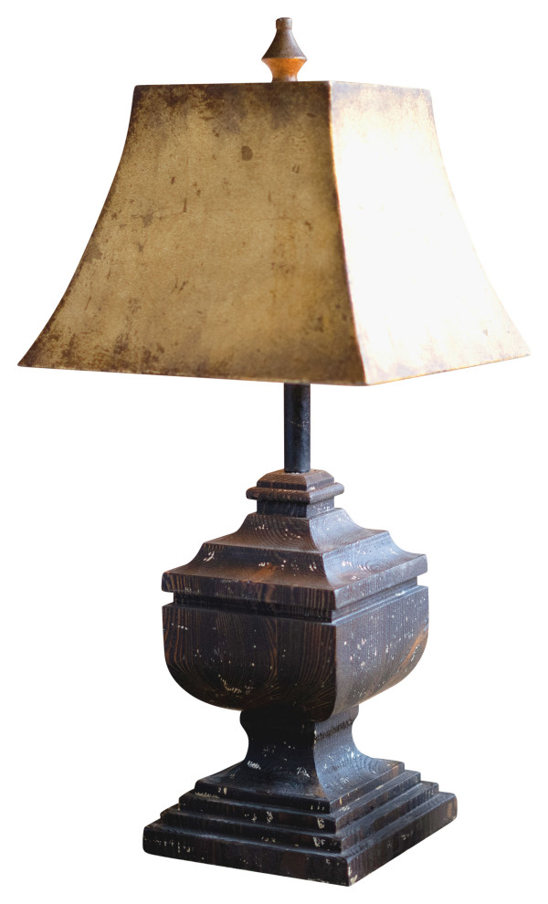 Rustic Distressed Black Wood Table Lamp 28" Antique Gold Square Metal Shade Farmhouse Table