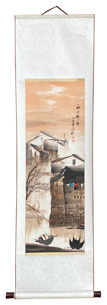 Chinese Color Ink Waterside Village Scroll Painting Wall Art Hws1882