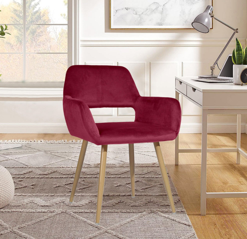 Velvet Upholstered Open Back Home Office Task Chair with Arms and No Wheels, Fuchsia