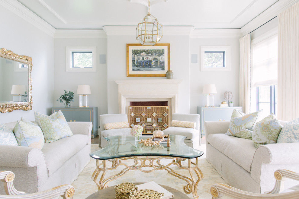 Inspiration for a large traditional formal living room in Chicago with white walls.