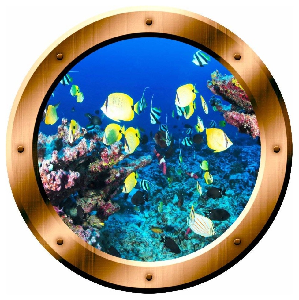 Submarine Window 3D Fish Porthole Wall Decal Peel & Stick Decal C2106 Nautical Fish Bathroom Decor Fish Wall Stickers 