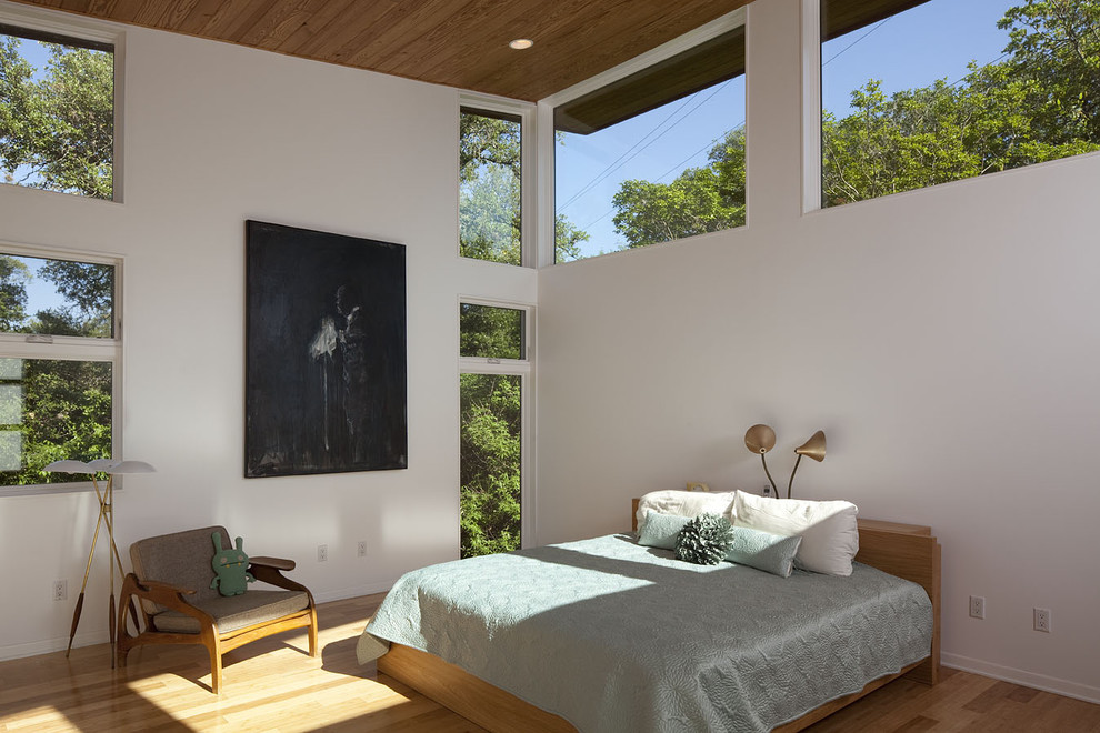Photo of a large contemporary guest bedroom in Austin with white walls, medium hardwood floors and no fireplace.