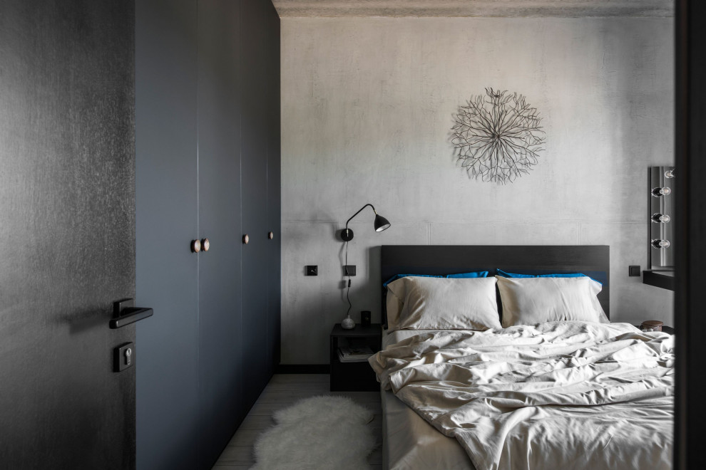 Свежая идея для дизайна: спальня среднего размера в современном стиле с серыми стенами и серым полом - отличное фото интерьера