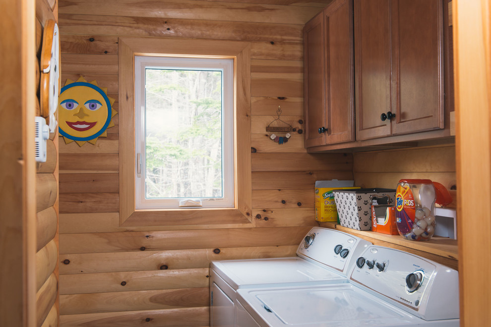Laundry room - small rustic single-wall laundry room idea with a side-by-side washer/dryer