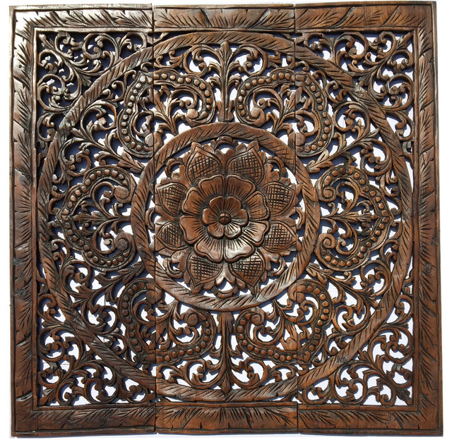 Wood Carved Sacred Fig Leaf Lotus Wall Art Panels Asian Home Decor Headboard