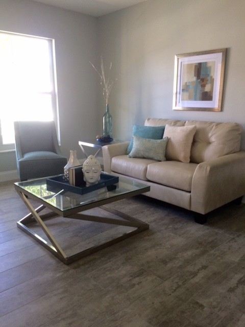 This is an example of a small contemporary enclosed living room in Tampa with grey walls, light hardwood floors and no fireplace.