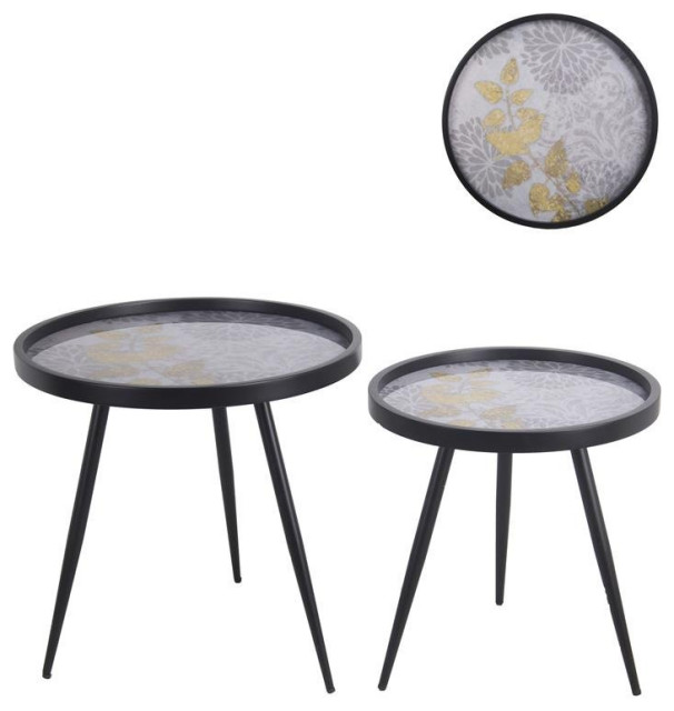 Metal Accent Table With Floral Pattern Round Tray Top, Set Of 2, Black