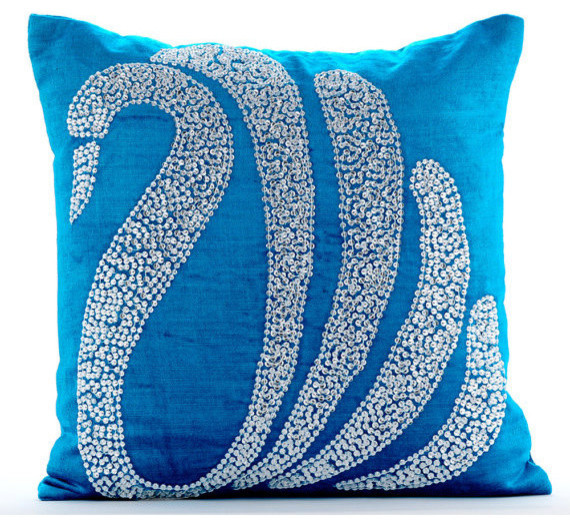 Crystal Swan Blue Cushion Covers, Velvet Decorative Pillow Cover