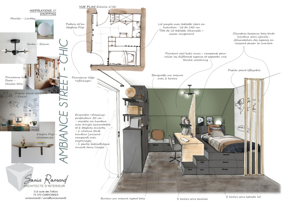 Inspiration pour une petite chambre d'enfant design avec un bureau, un mur vert, un sol en carrelage de céramique et un sol gris.