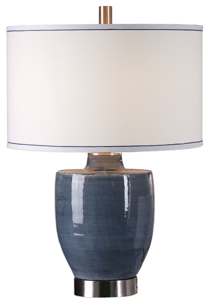 Rustic Cottage Blue Urn Table Lamp, Ceramic Pottery Striped Shade