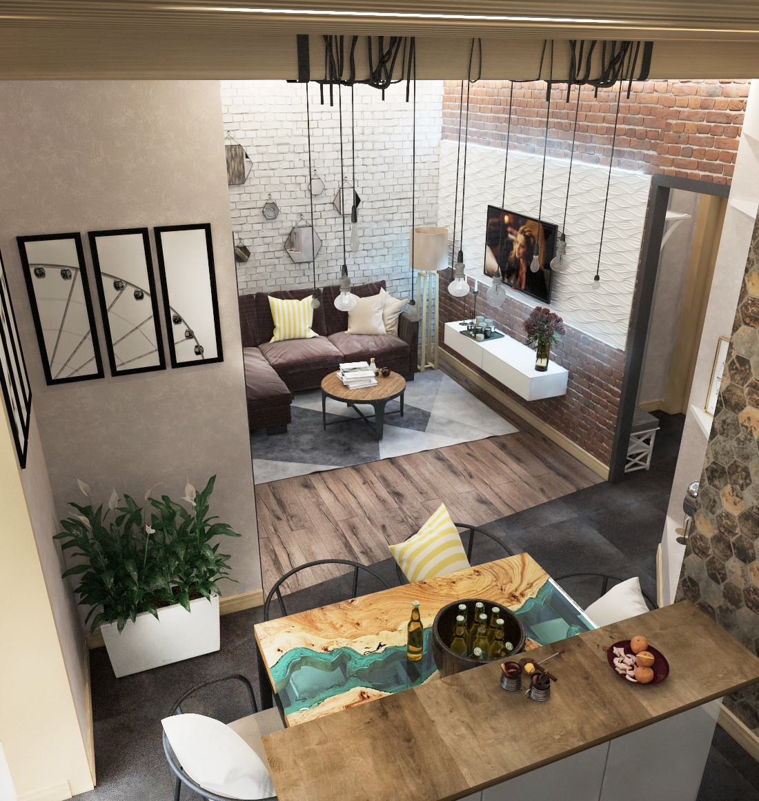 Объединённая кухня-гостиная в квартире молодого холостяка