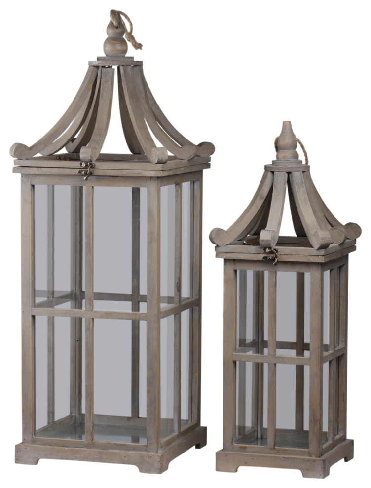 Wood Lantern with Handle and Window Pane Design Weathered Gray Finish, Set of 2