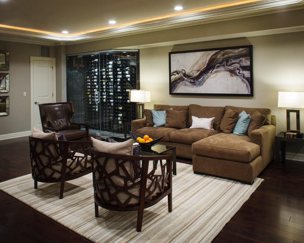 Inspiration for a large transitional look-out basement in New York with brown floor, beige walls and dark hardwood floors.