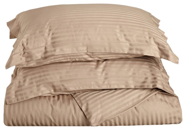 100% Egyptian Cotton Lightweight Stripes Duvet Cover Set, Taupe, Twin