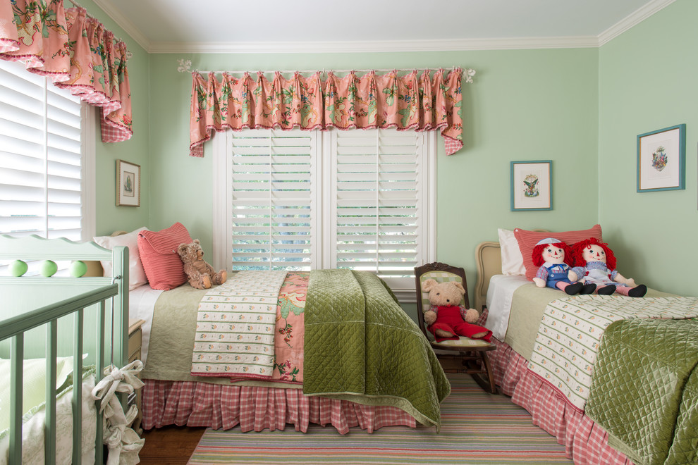 Inspiration for a traditional kids' room for girls in Dallas with dark hardwood floors and blue walls.