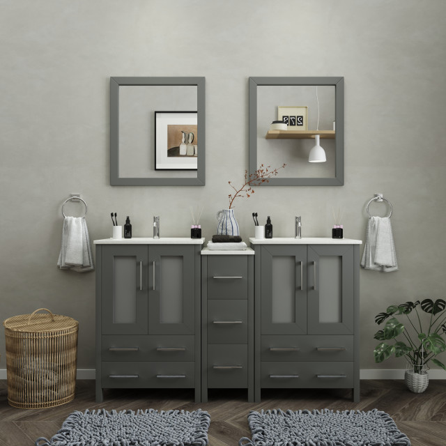 Vanity Art Vanity Set With Ceramic Top, 60" Contemporary Bathroom