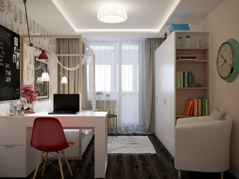 This is an example of a mid-sized scandinavian kids' room in Other with white walls, laminate floors and black floor.