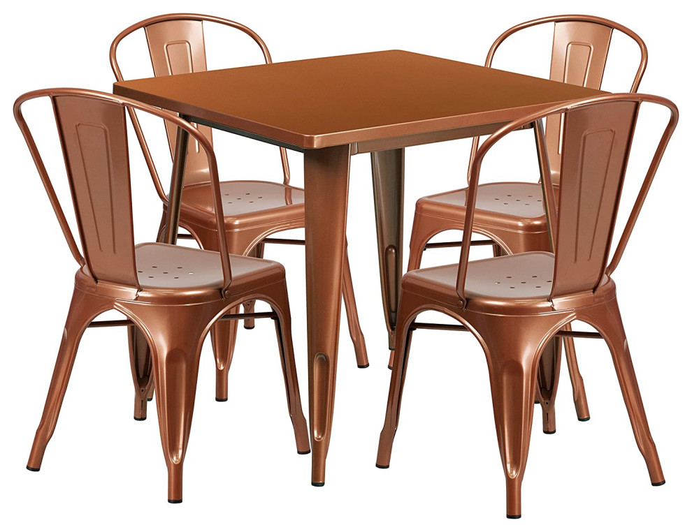 5 Pieces Patio Dining Set, Square Table and 4 Stackable Chairs