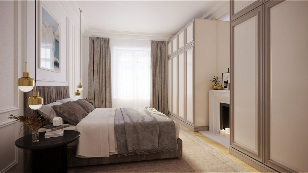 This is an example of a mid-sized contemporary master bedroom in Paris with beige walls, light hardwood floors, a standard fireplace, a concrete fireplace surround, beige floor, recessed and decorative wall panelling.