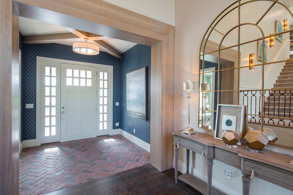 Inspiration for a transitional foyer in Salt Lake City with beige walls, brick floors, a single front door and a white front door.