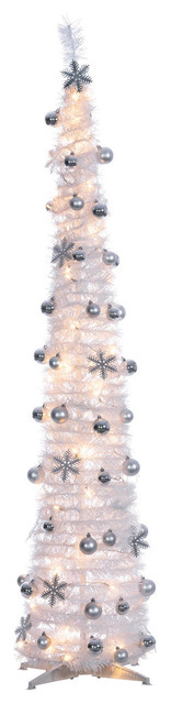 6' High Pop Up Pre-Lit Decorated Narrow White Tree With Warm White ...