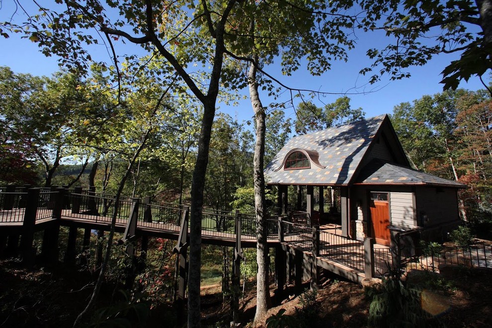 Small mountain style gray one-story wood gable roof photo