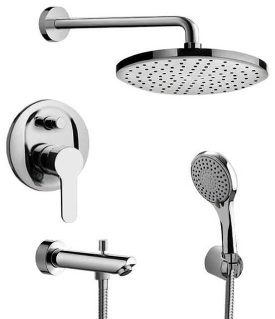 Chrome Tub and Shower Faucet With Rain Shower Head and Hand Shower, 8
