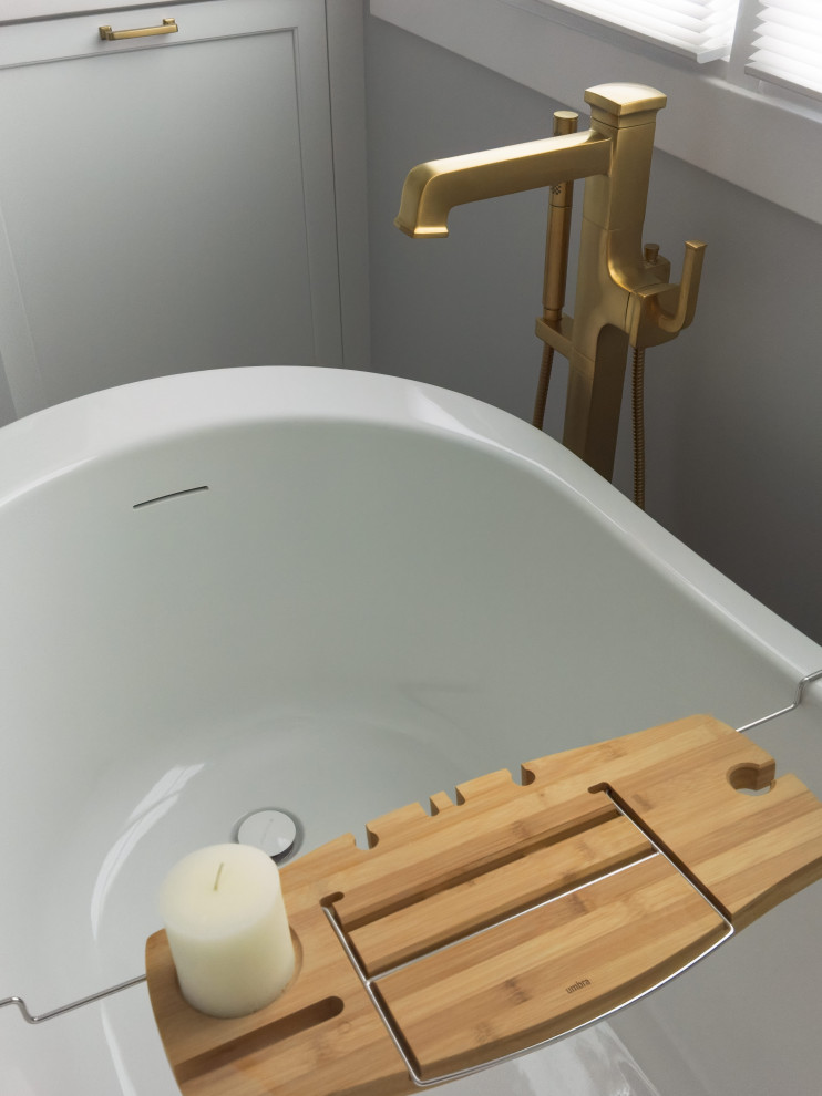 Freestanding bathtub - transitional master white tile and ceramic tile porcelain tile, gray floor and double-sink freestanding bathtub idea in Chicago with shaker cabinets, white cabinets, a two-piece toilet, gray walls, an undermount sink, quartz countertops, a hinged shower door, white countertops, a niche and a built-in vanity