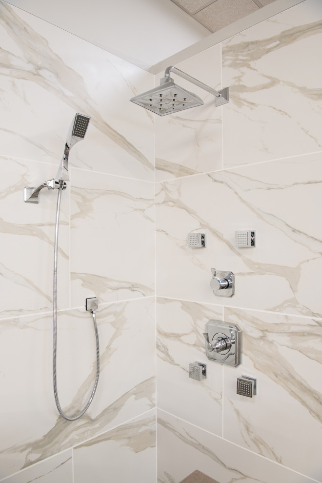 Alcove shower - small transitional 3/4 multicolored tile alcove shower idea with beige walls and a hinged shower door