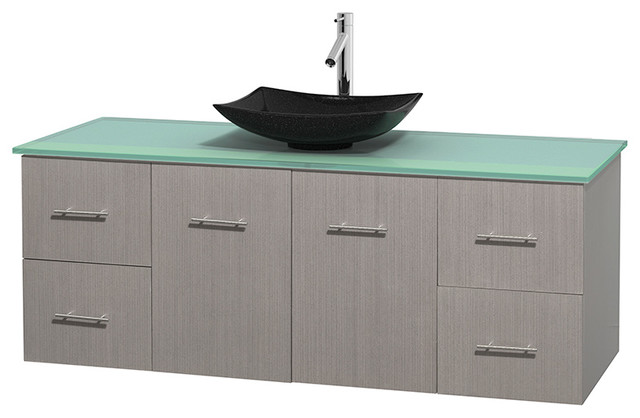 Centra 60" Gray Oak Single Vanity, Green Glass Top, Arista Black Granite Sink