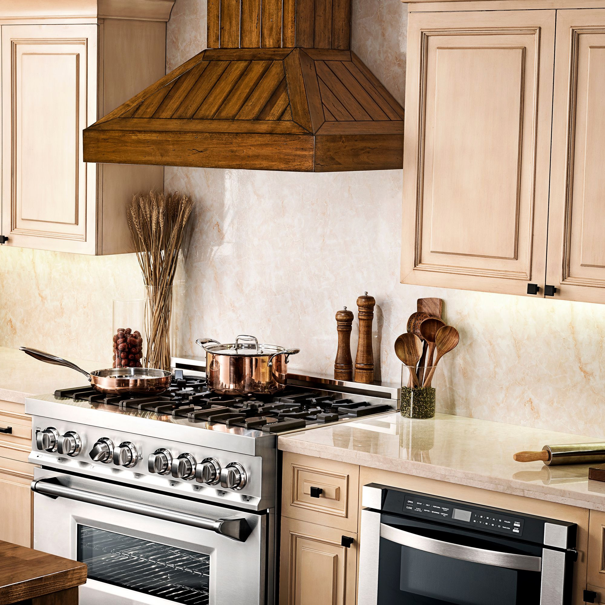 Kitchens featuring a ZLINE Wooden Wall Range Hood