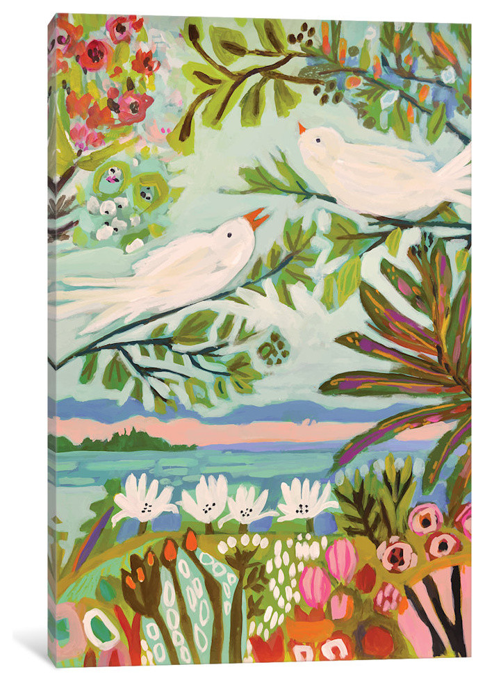 Birds In The Garden I by Karen Fields Canvas Print, 12"x8"x0.75"