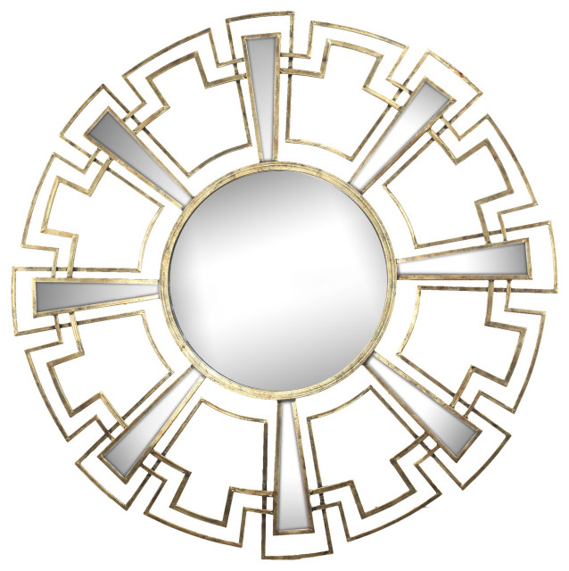 Round Sunburst Wall Mirror With Geometric Design Metal Frame, Gold