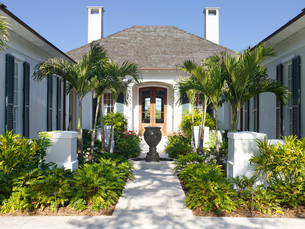 Photo of a mid-sized tropical front door in Miami with white walls, a double front door and a medium wood front door.
