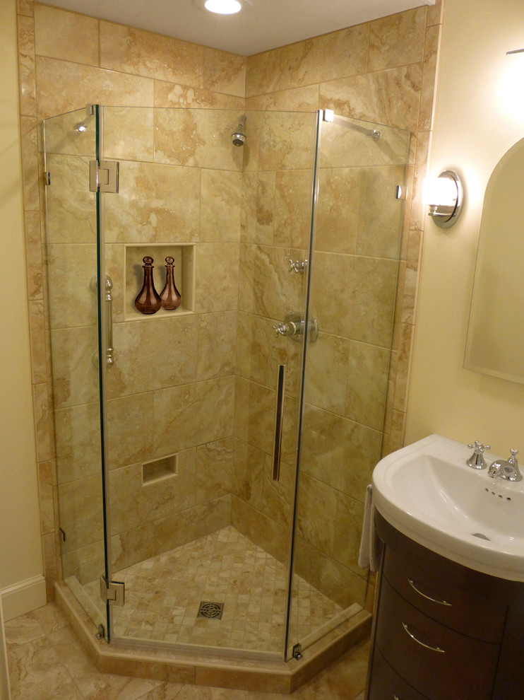 Small transitional master beige tile and porcelain tile porcelain tile corner shower photo in Boston with furniture-like cabinets, dark wood cabinets, an integrated sink, a one-piece toilet and beige walls