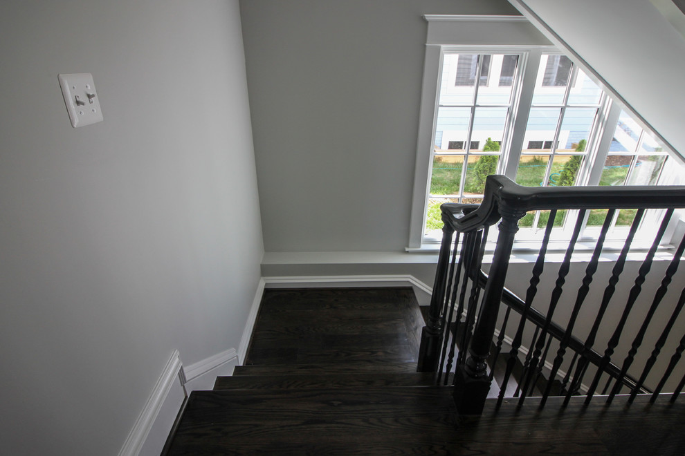 Large transitional wooden l-shaped mixed material railing staircase photo in DC Metro with painted risers