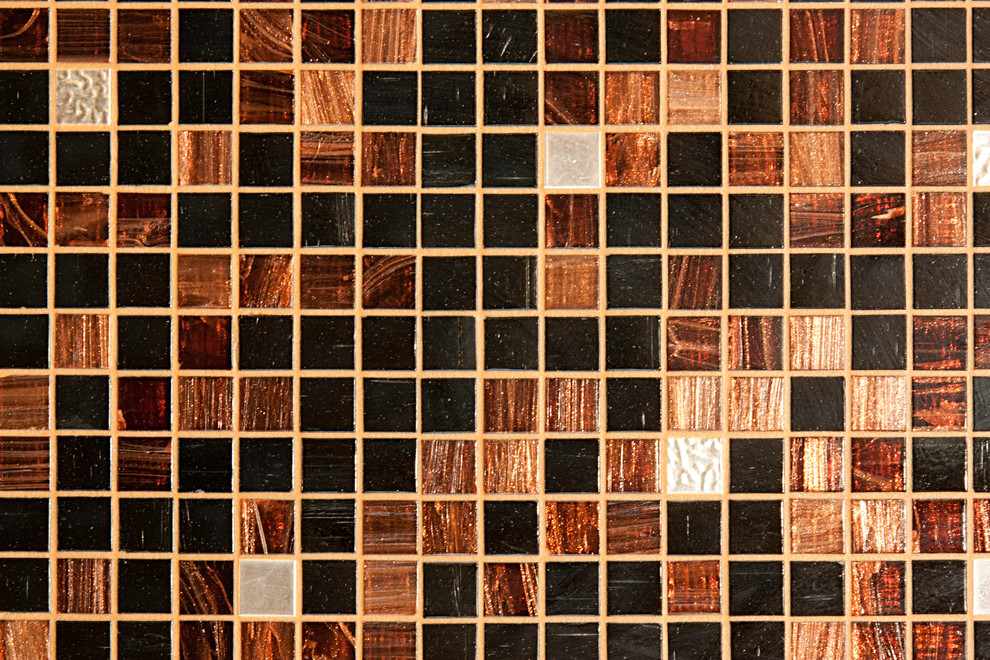 Inspiration for a large transitional ceramic tile home design remodel in Phoenix with an undermount sink, flat-panel cabinets, dark wood cabinets, quartz countertops, multicolored backsplash, mosaic tile backsplash, black appliances and no island