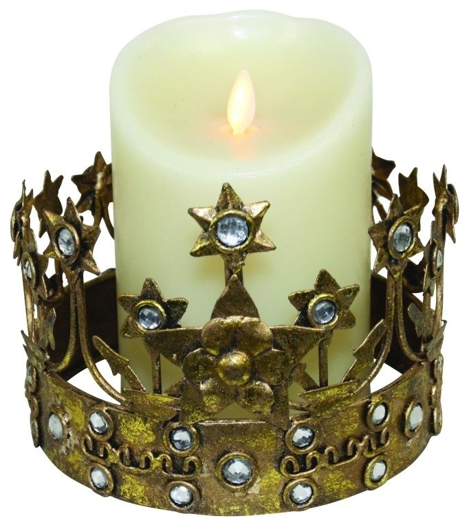 Gold Crown Pillar Candle Holder, Tabletop Metal Jeweled Princess Queen