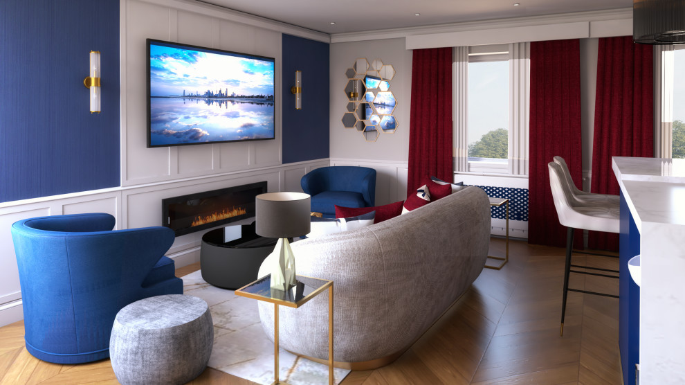 ロンドンにあるお手頃価格の中くらいなエクレクティックスタイルのおしゃれなリビング (青い壁、濃色無垢フローリング、暖炉なし、壁掛け型テレビ、茶色い床、パネル壁、アクセントウォール) の写真