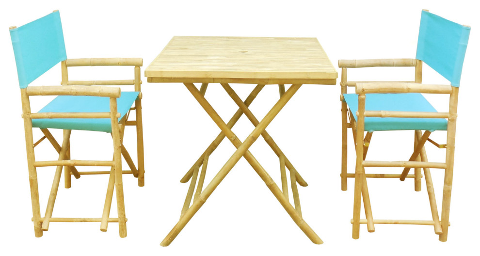 Bamboo Set of 2 Director Chairs and 1 Square Bamboo Table, Aqua Blue