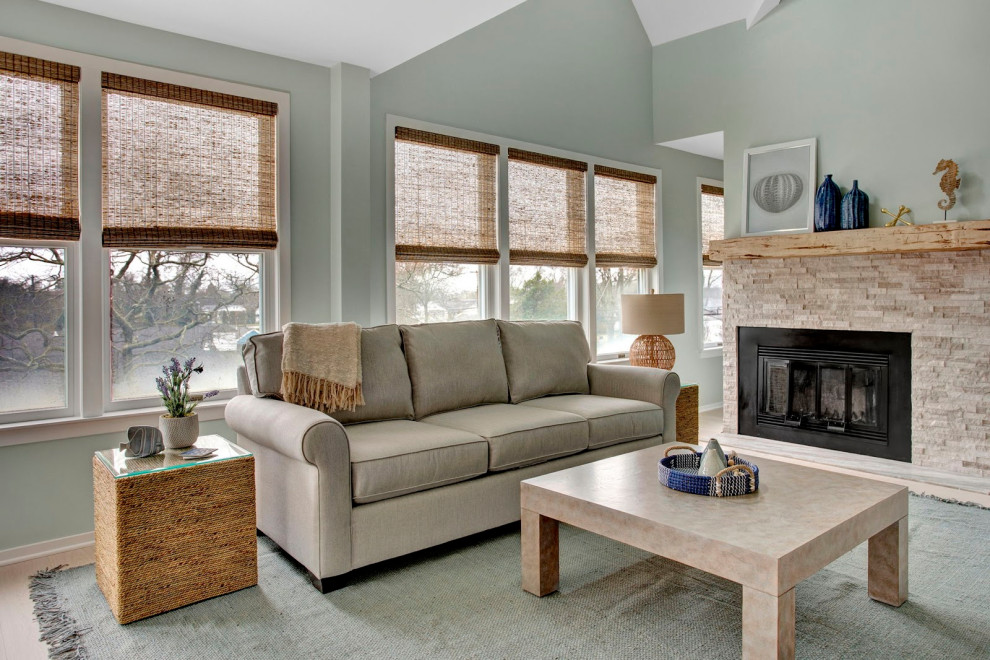Living Room with woven wood window treatments