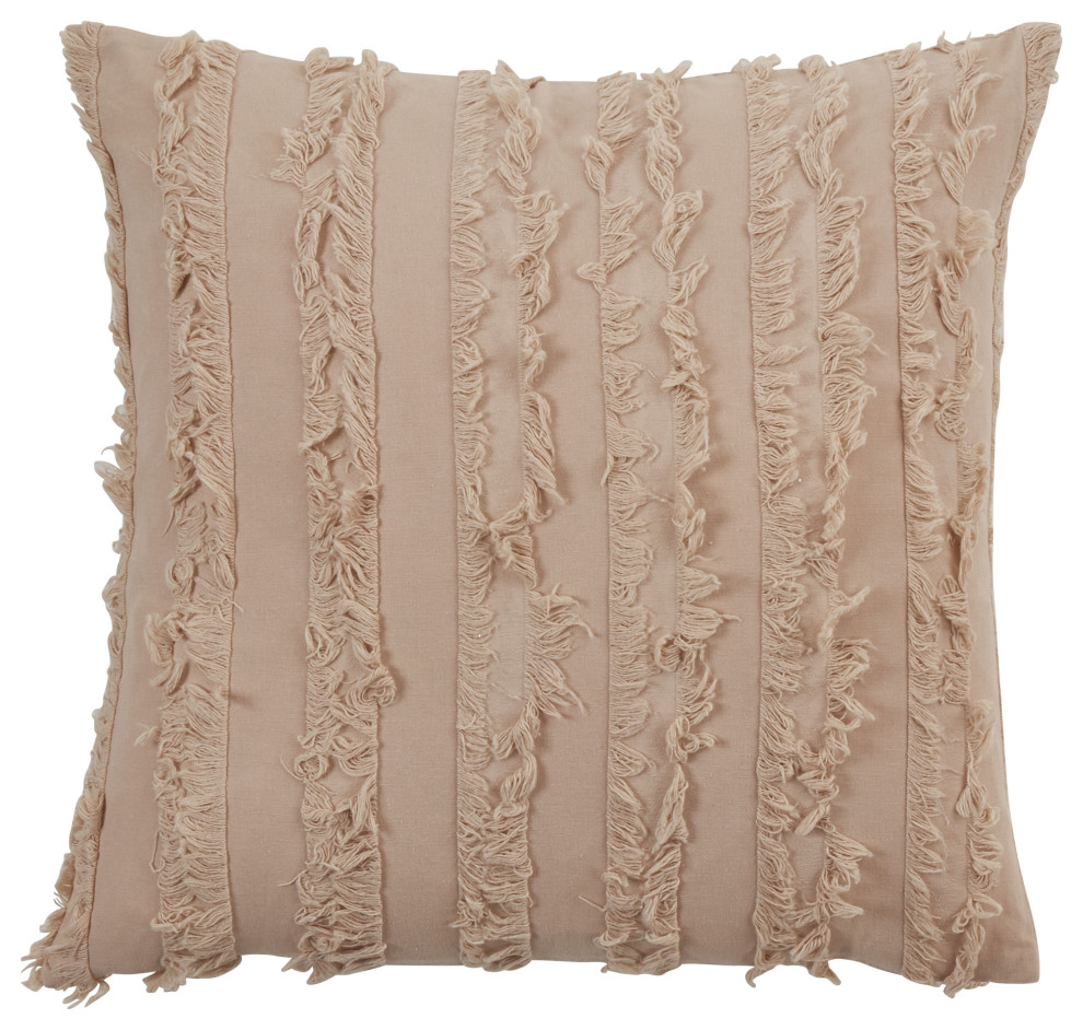 Throw Pillow With Fringe Stripe Design, 18"x18" Transitional