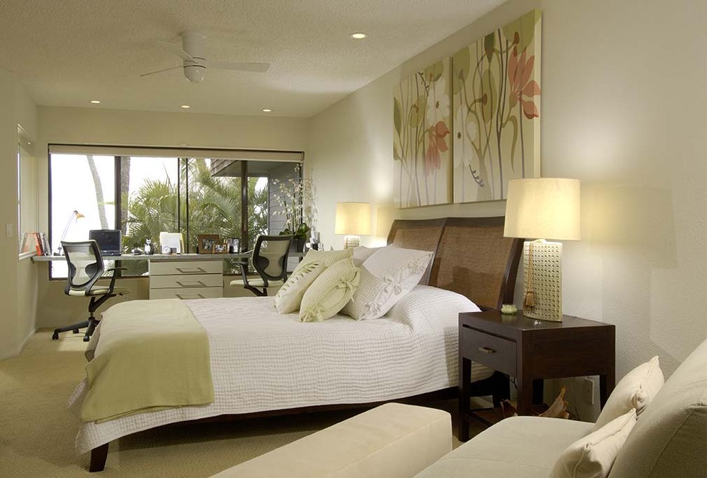 Inspiration for an expansive asian master bedroom in Hawaii with white walls and carpet.