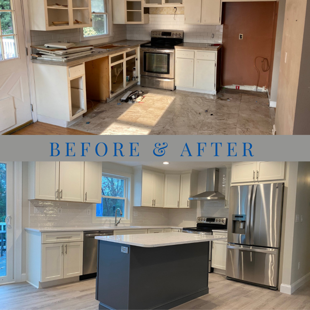 Eat-in kitchen - transitional l-shaped vinyl floor eat-in kitchen idea in Boston with an undermount sink, shaker cabinets, quartz countertops, white backsplash, subway tile backsplash, stainless steel appliances, an island and white countertops