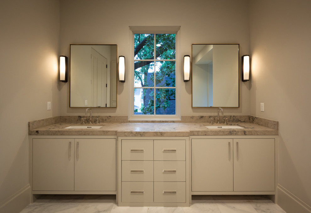 Design ideas for a large transitional master bathroom in Houston with an undermount sink, flat-panel cabinets, white cabinets, onyx benchtops, a freestanding tub, an open shower, a two-piece toilet, gray tile, stone tile, white walls and marble floors.