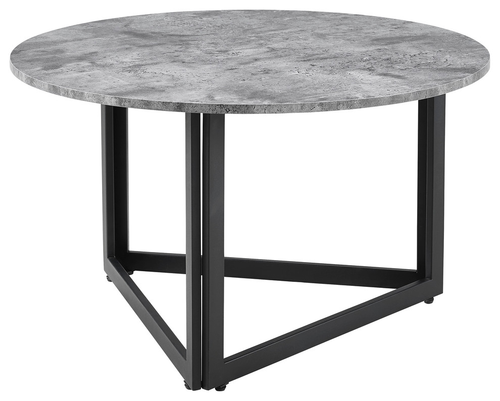 32" Modern Metal Base Round Coffee Table, Dark Concrete Transitional